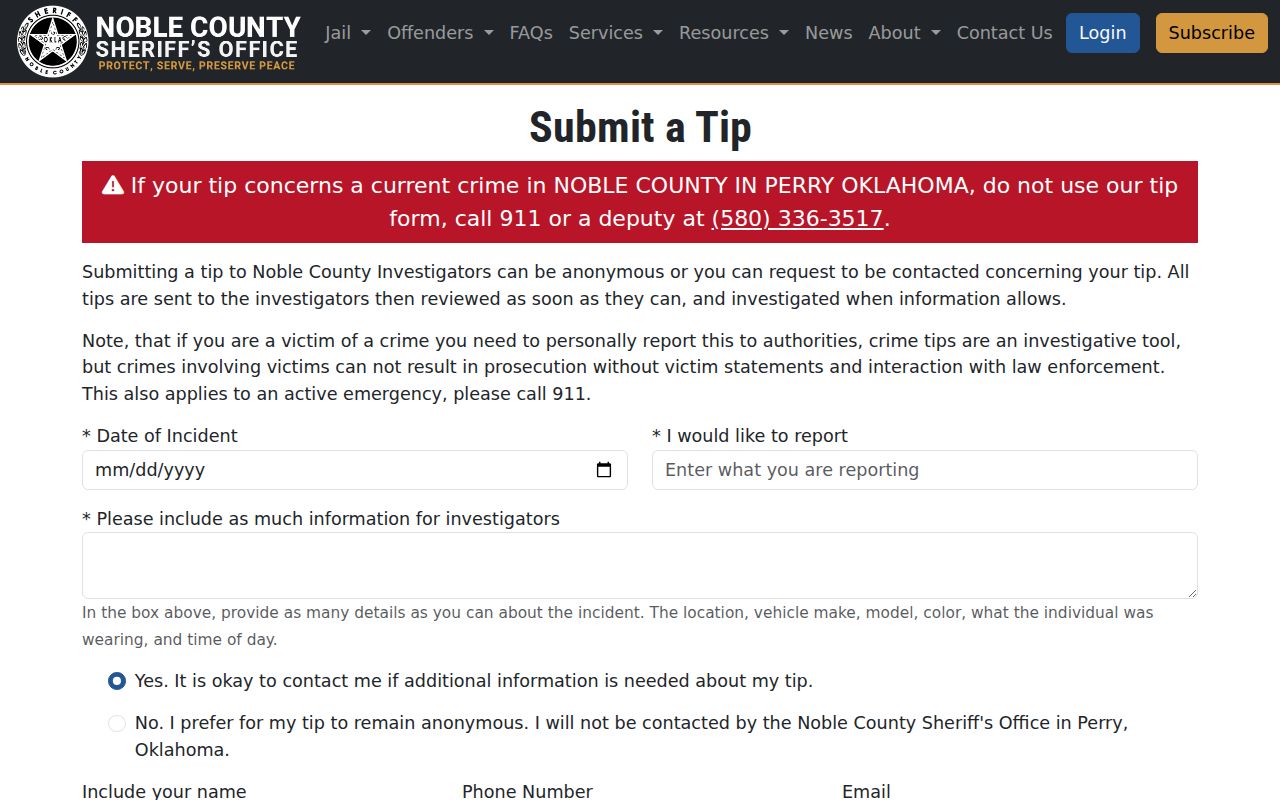Noble County Most Wanted anonymous tip form
