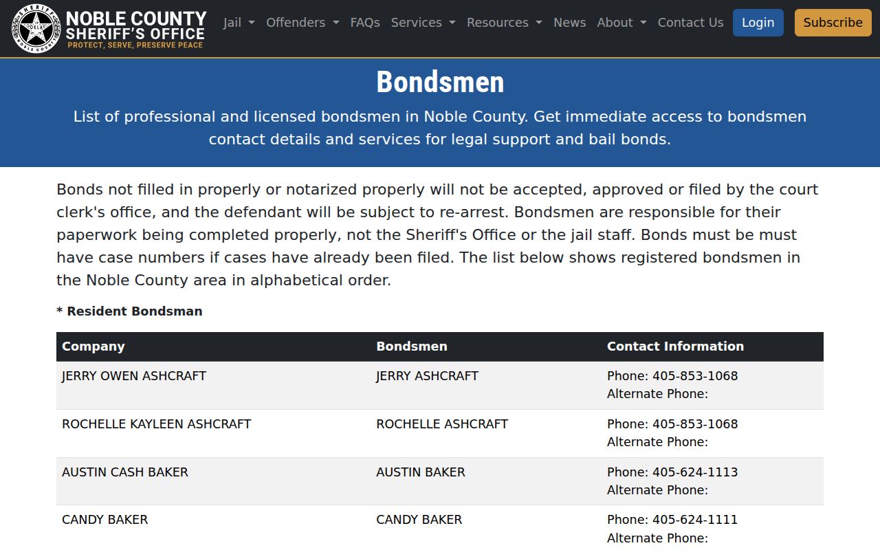 Noble County bench warrant bond filing information