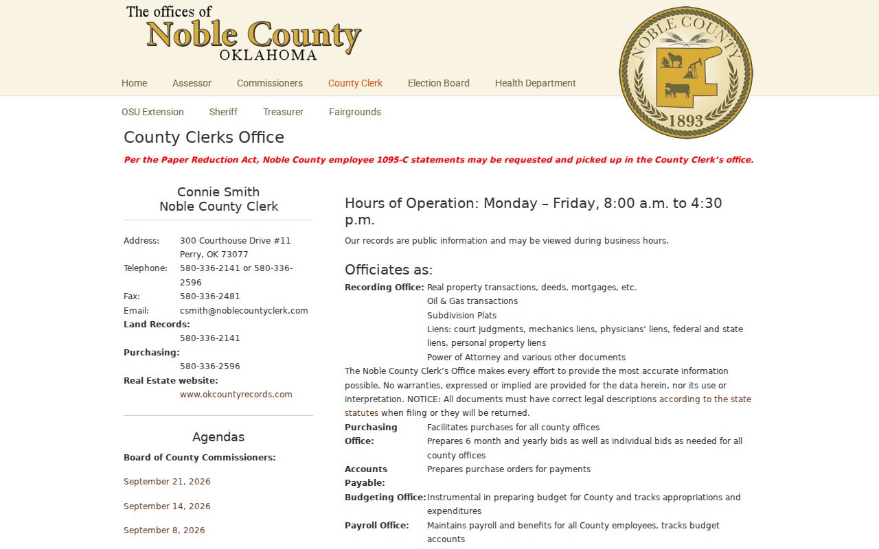 Noble County warrant records clerk address and public access