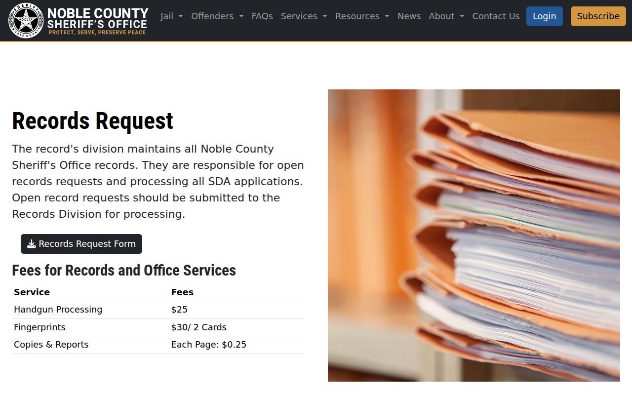 Noble County Sheriff records division and warrant records access